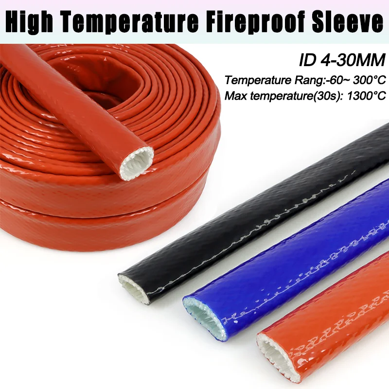 Silicone Fiberglass Cable Sleeve ID 4-30mm 1/3m High Temperature Flame Retardant Fireproof Heat Insulation Wire Protection Tube