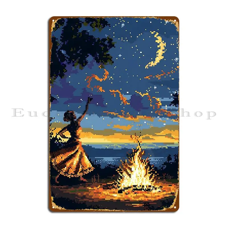 A Woman Dancing In Front Of A Fire Pixel Art Metal Plaque Club Garage Wall Decor Customize Kitchen Tin Sign Poster