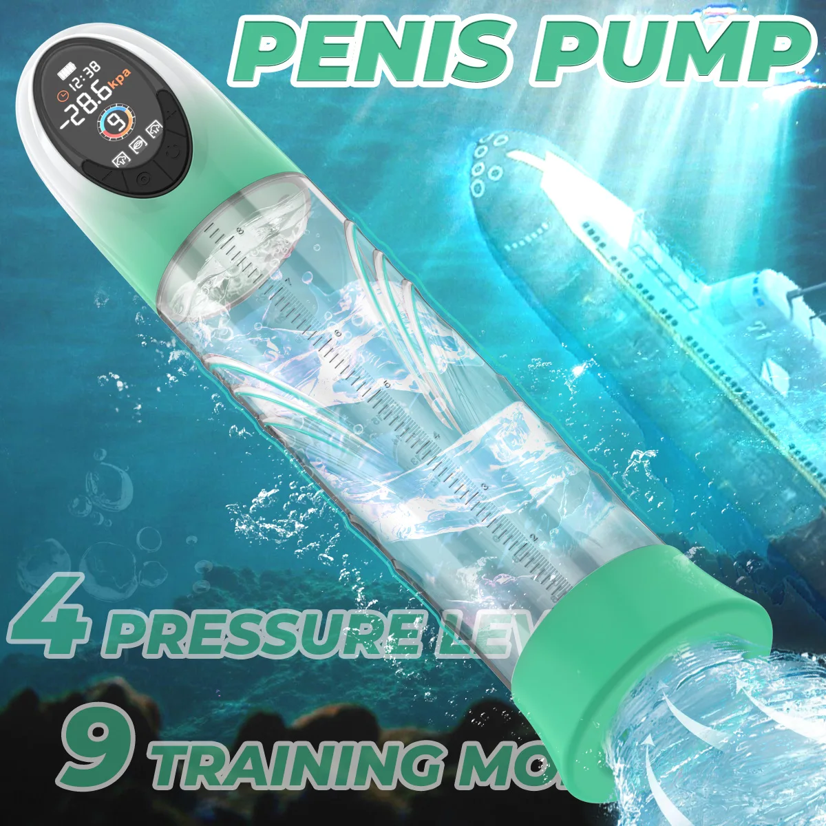 Pompa del pene Giocattoli del sesso maschile Vuoto elettrico IPX7 Display LCD impermeabile 4 livelli di pressione 9 Estensore del pene per addestramento di aspirazione Più grande