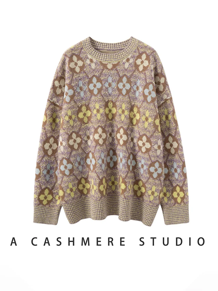 

High Quality Women 100% Cashmere Sweater Autumn Winter O-Neck Four-Leaf Clover Towel Embroidery Pullover Knitwear Thickened Tops