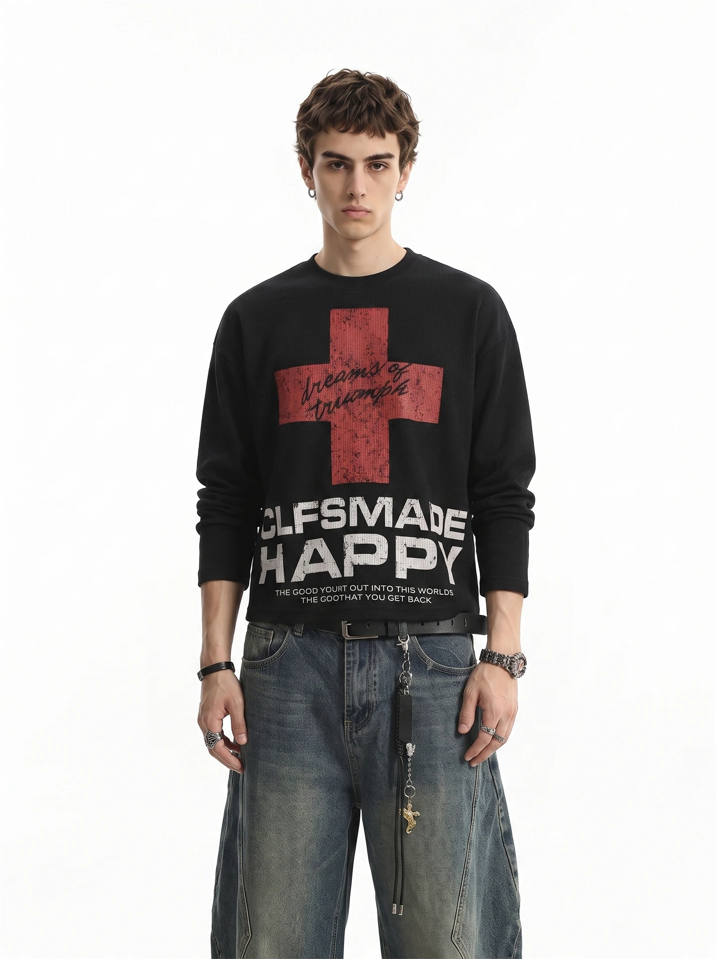 American Style Cross Print Long Sleeve T-Shirt Men's Vintage Loose Fit Casual Shirt Youth Popular round Neck Home Comfort