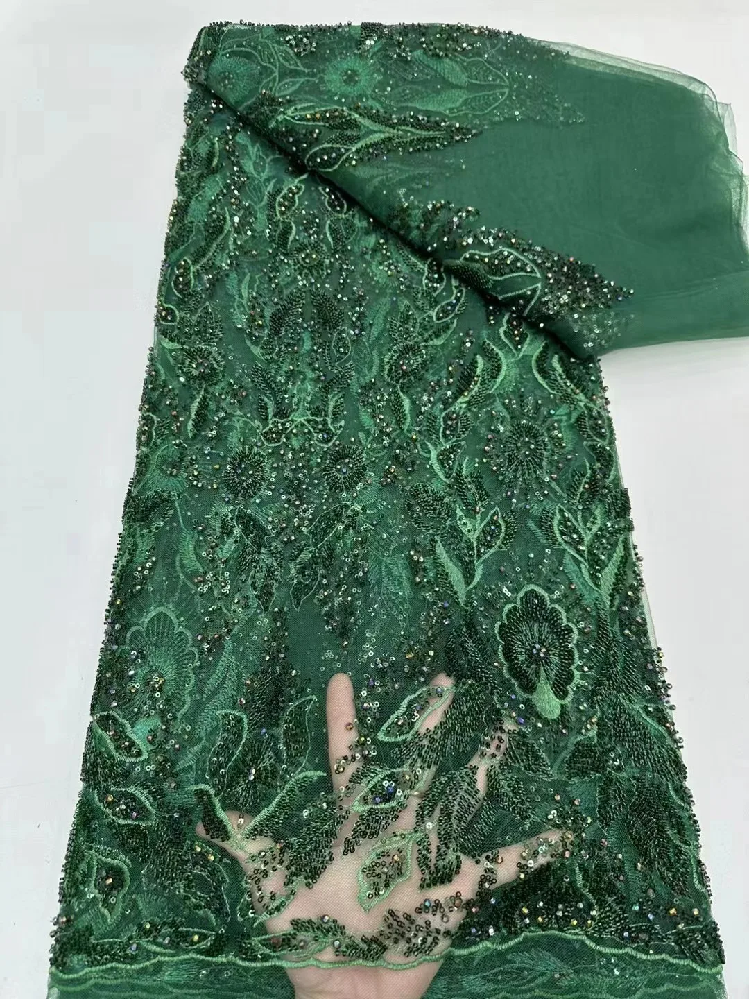 2024 New Arrival Burnt Green Tube Beaded Lace with Sequins Embroidery Tulle Lace Beads Fabric for Evening Party Dresses