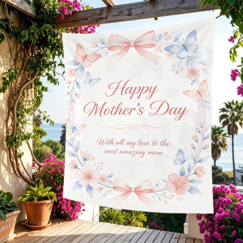 Happy Mother's Day Carnations Lily Rose Tapestry, Watercolor Heart shaped Balloon Polyester Wall Hanging Party Decoration Gift