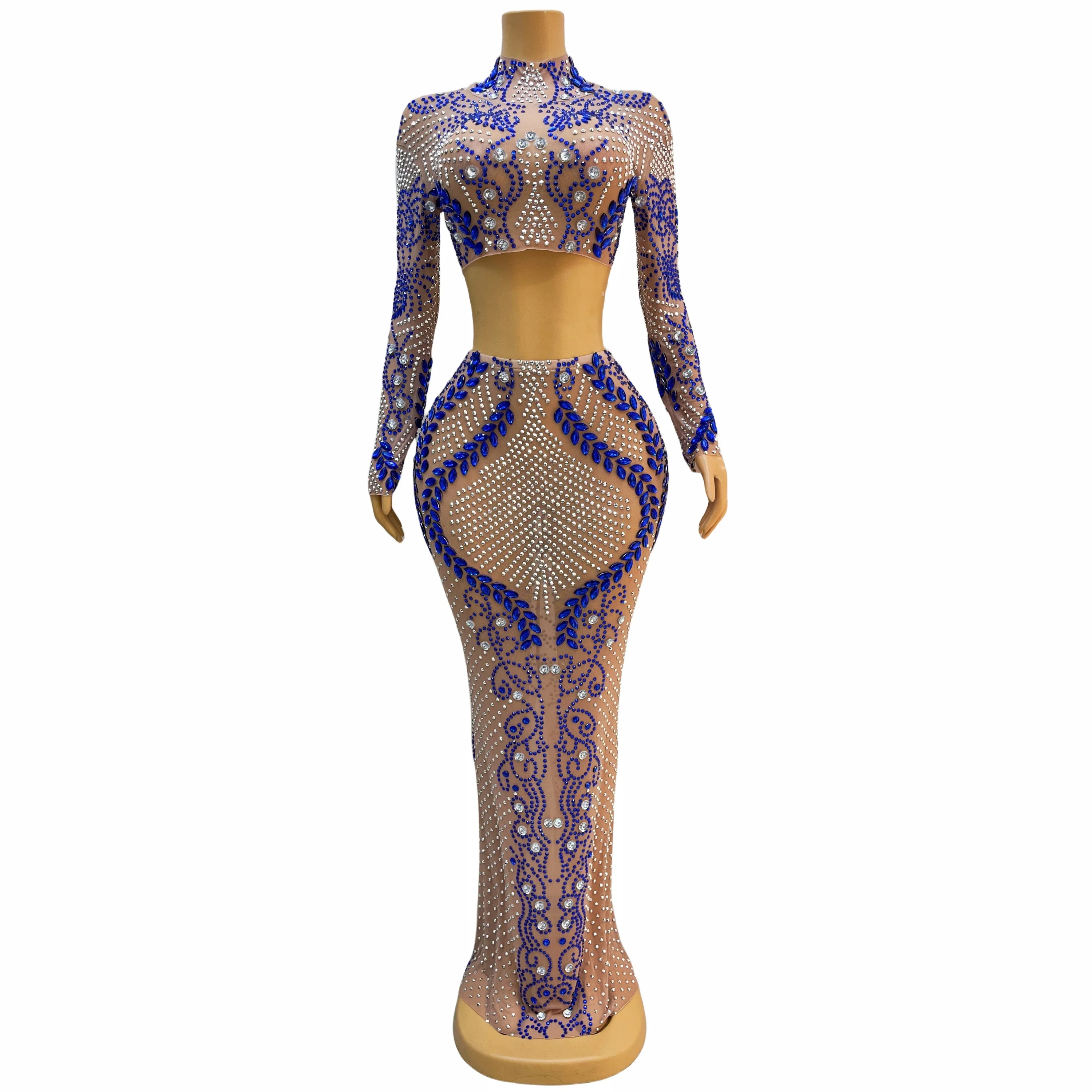 Conjunto de duas peças com strass e cristais, mangas compridas, roupa sexy para cantora e bailarina, azul e prata, roupa para celebração, casamento e aniversário