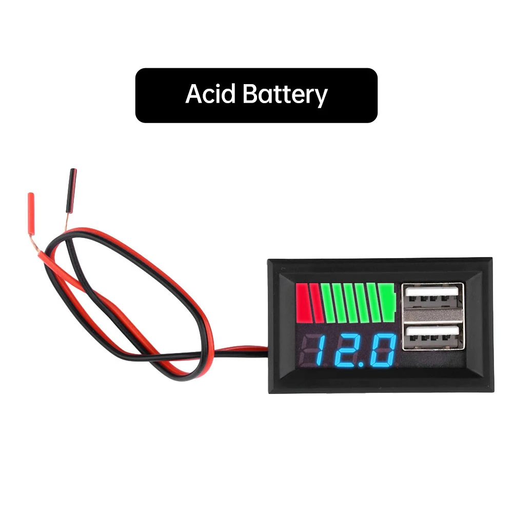 Dual USB 5V 2A Digital Voltmeter Voltage Meter 11.1V-12.6V 3S Lithium Battery/12V Acid Battery Capacity Indicator Power Tester