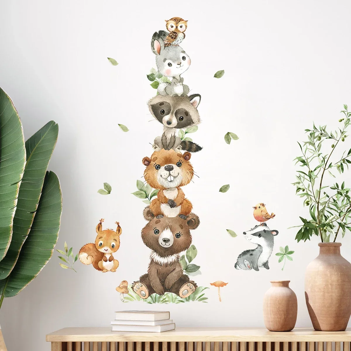 1PC Cartoon Stacked Small Animals Bear Rabbit Raccoon Wall Stickers for Kids Room Bedroom Home Decoration Wall Decor