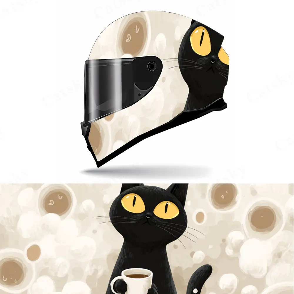 

Funny Black Cat with Coffee-Durable Waterproof PVC, Self-Adhesive Motorcycle Racing Helmet Decal, Perfect Gift for Motorcycle En