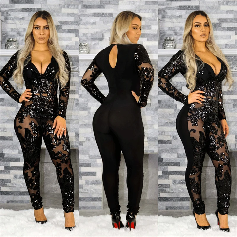 Brilhante lantejoulas malha retalhos ver throug bodycon macacão feminino clube festa manga longa bainha macacão celebridade noite