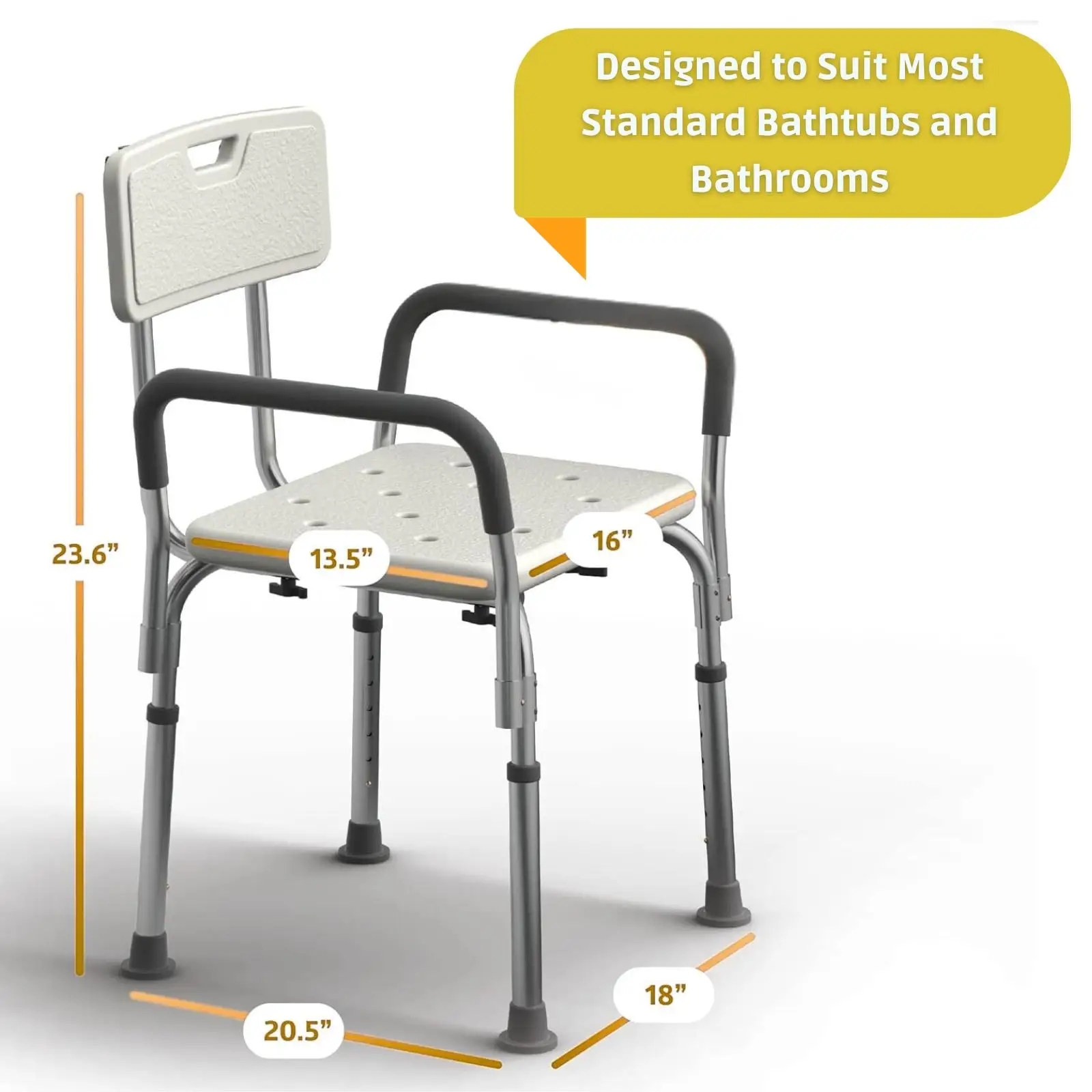 Heavy Duty Adjustable Height Shower Chair with Padded Armrests and Supportive Backrest Non-Slip Bathtub Bench Bath Seat Bathroom Safety Aid Stool for Elderly Seniors Disabled Pregnant 350lbs Capacity