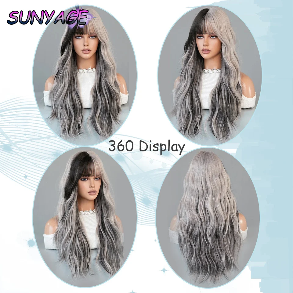 SUNYAGE wig gradien berbentuk gelombang, penutup kepala penuh gulung panjang, wig warna gradien harian, desain kepala penuh