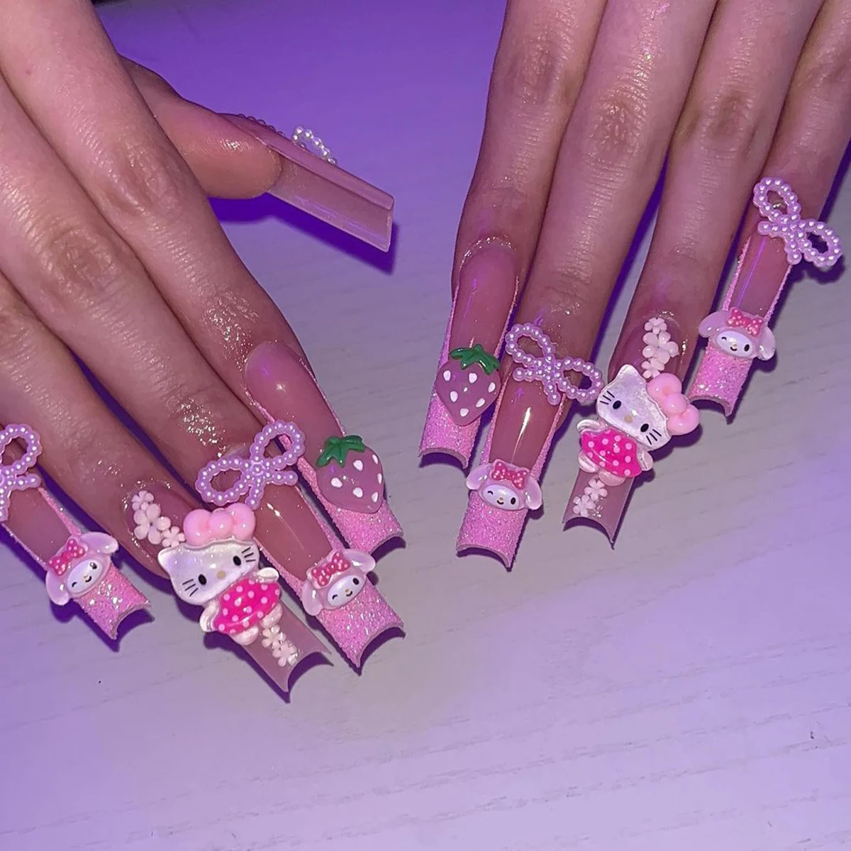 

24 Long Square Armor Pink French Side Sanrio Cute Hello Kitty Drill Merotti Drill 3d Strawberry Butterfly Drill Wear Armor suit