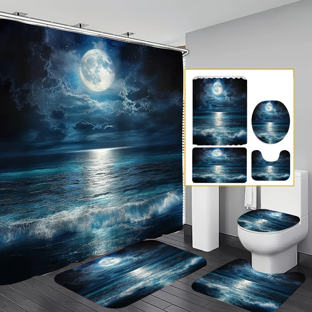 

Elegant Moonlit Ocean Print Shower Curtain Four-Piece Set - Modern Bathroom Decor for a Serene and Stylish Ambiance