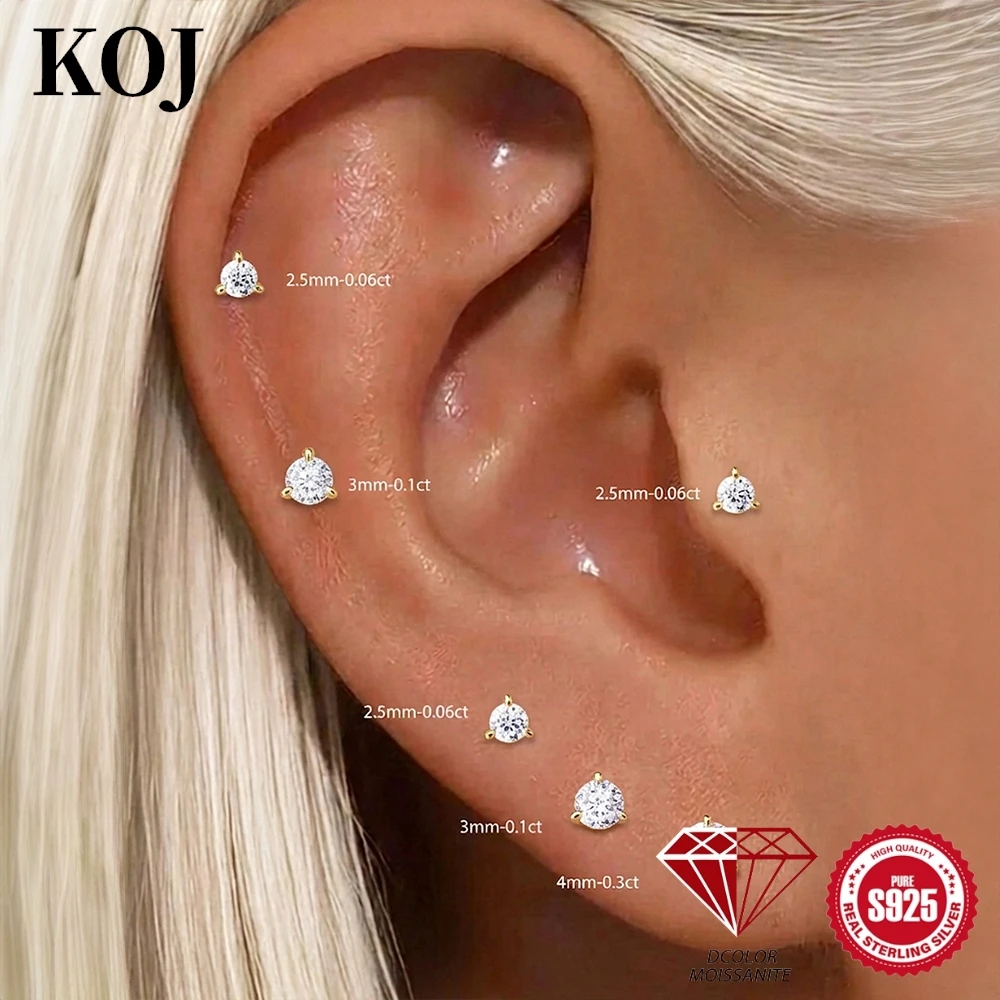 KOJ 1PC S925 Silver Classic Moissanite Stud Earring 3/6 Prong Round For Women Trendy Daily Wedding Hypoallergenic Jewelry Gift