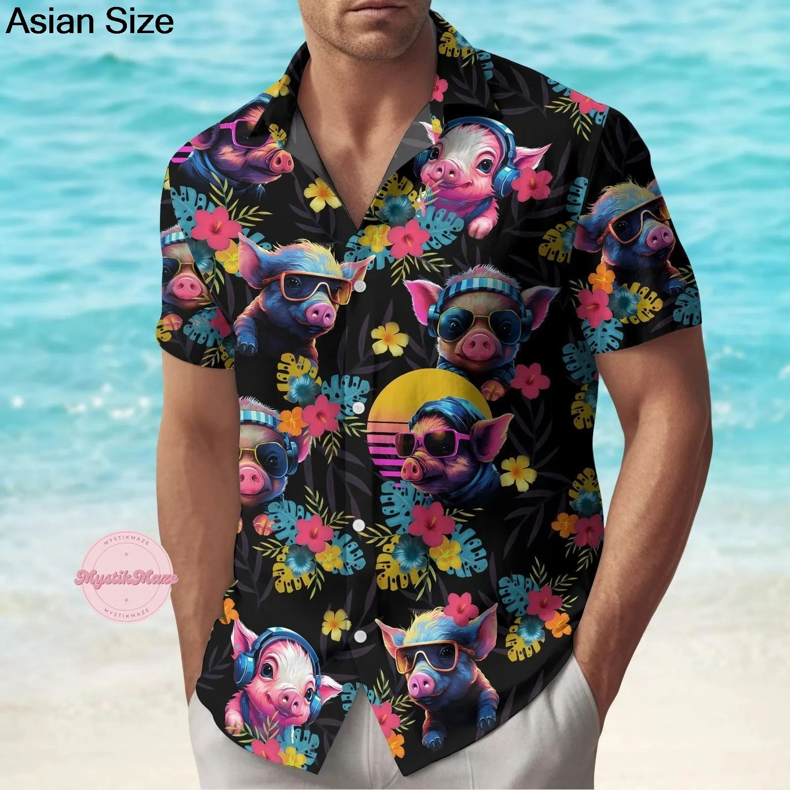 

Cute pig Hawaiian short-sleeved casual shirt, pink summer shirt, party outfit, fun Hawaiian shirt, pig lover
