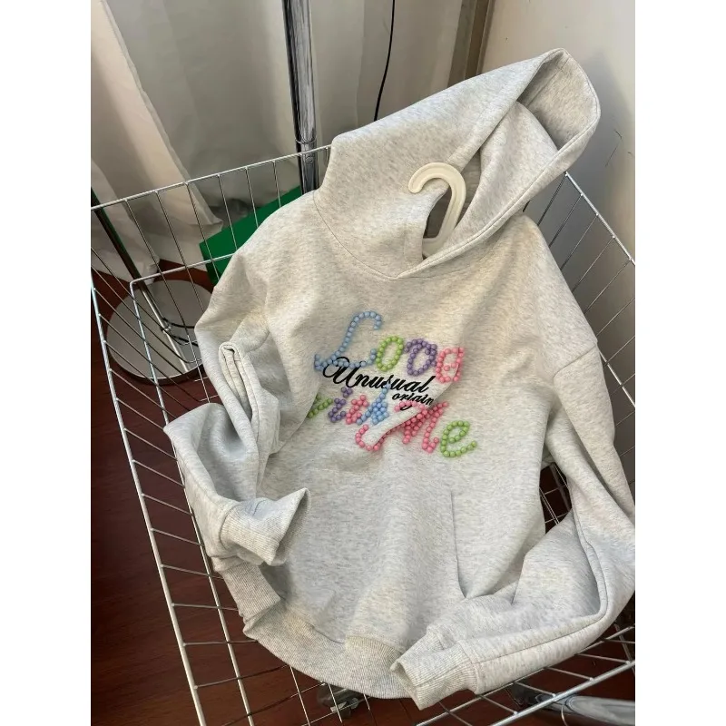 

Американский ретро-толстовка с капюшоном и жемчугом для женщин, осенне-зимний свободный топ