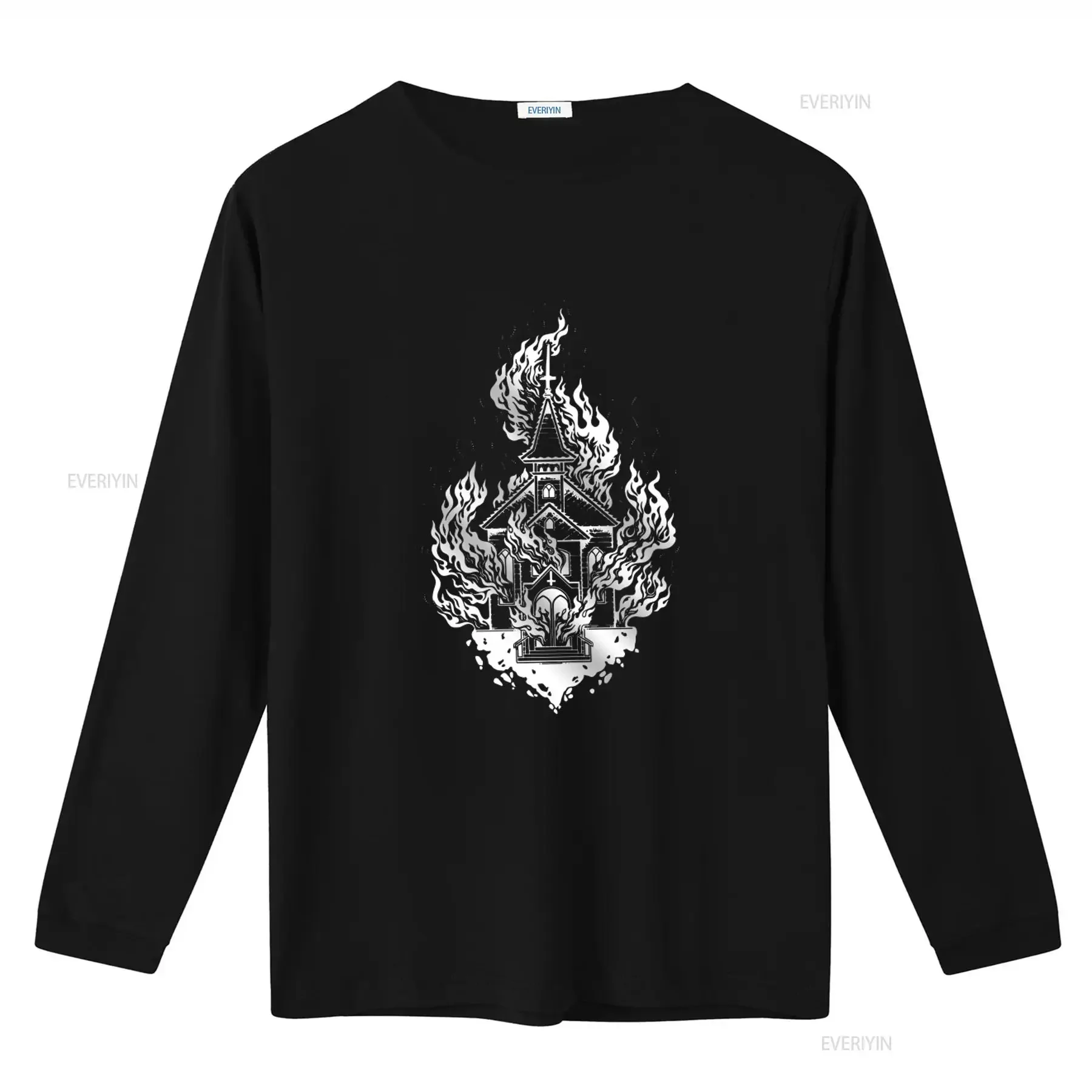 Burning Church T Shirt Punk Clothing with Witchy Goth Flair Unique Fire Design for Edgy Fashion vintage Washed Breathable