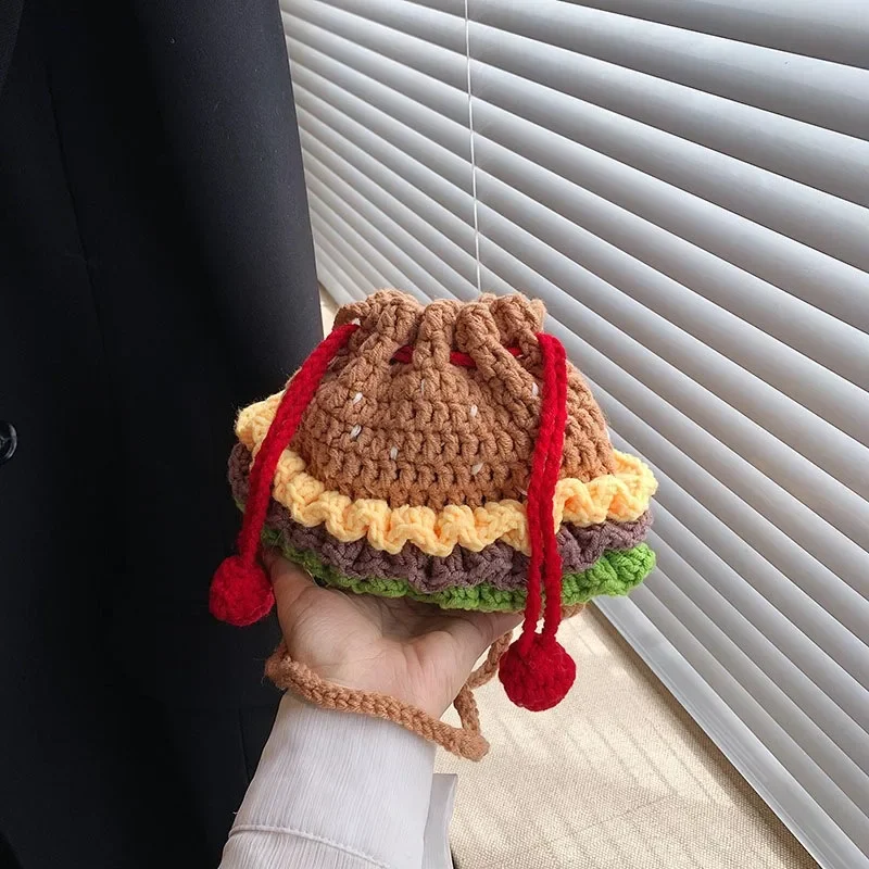 Shoulder Small Crossbody Bag Cute Shoulder Bag Crossbody Handmade Crochet Burger Fries Wool Bag Cute Crochet Bag with Pendant