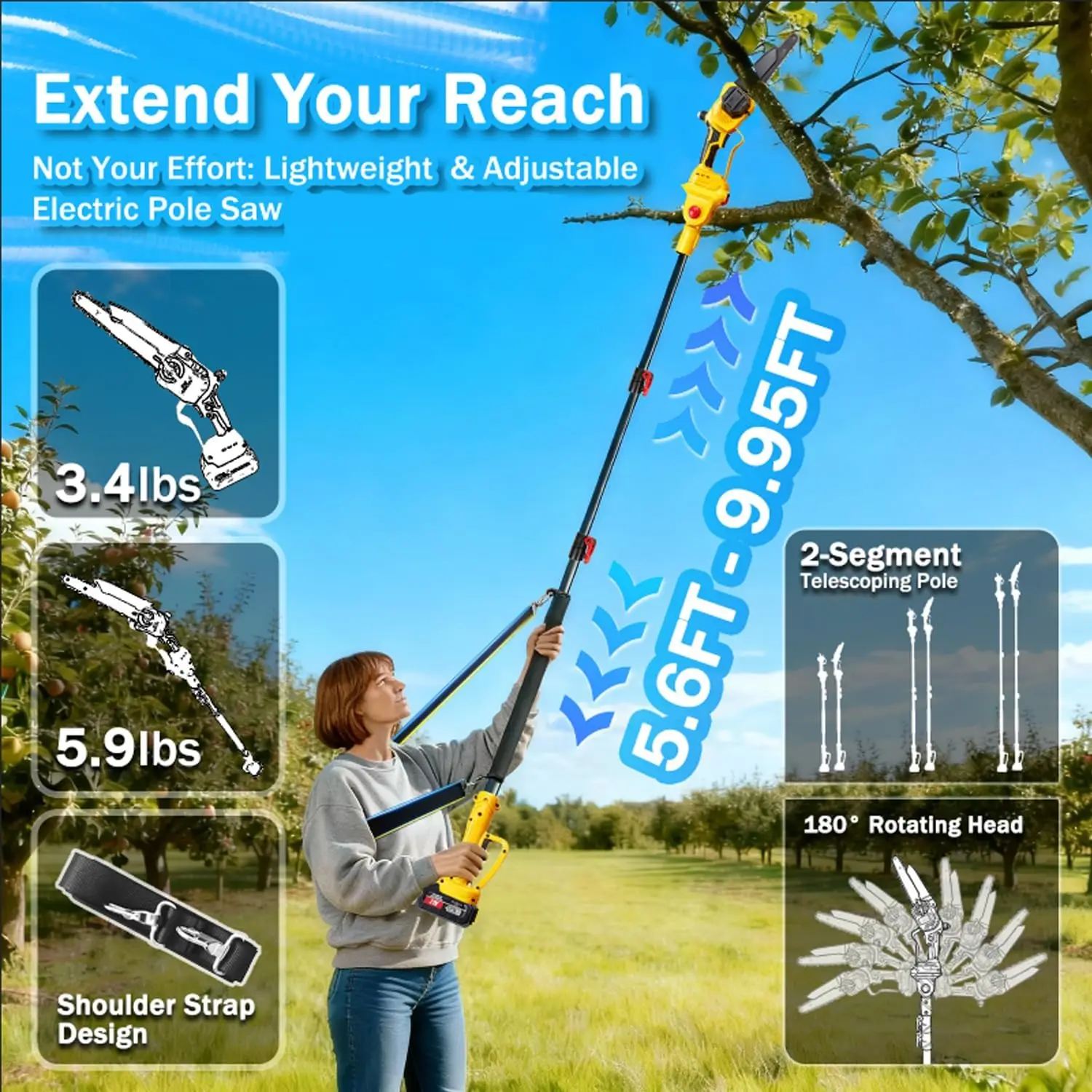 

Brushless 2-in-1 Cordless Pole Saw & 8" Mini Chainsaw, 16ft Max Reach Extension Pole, 2×4.0Ah Battery Powered Pruning Saw, Multi
