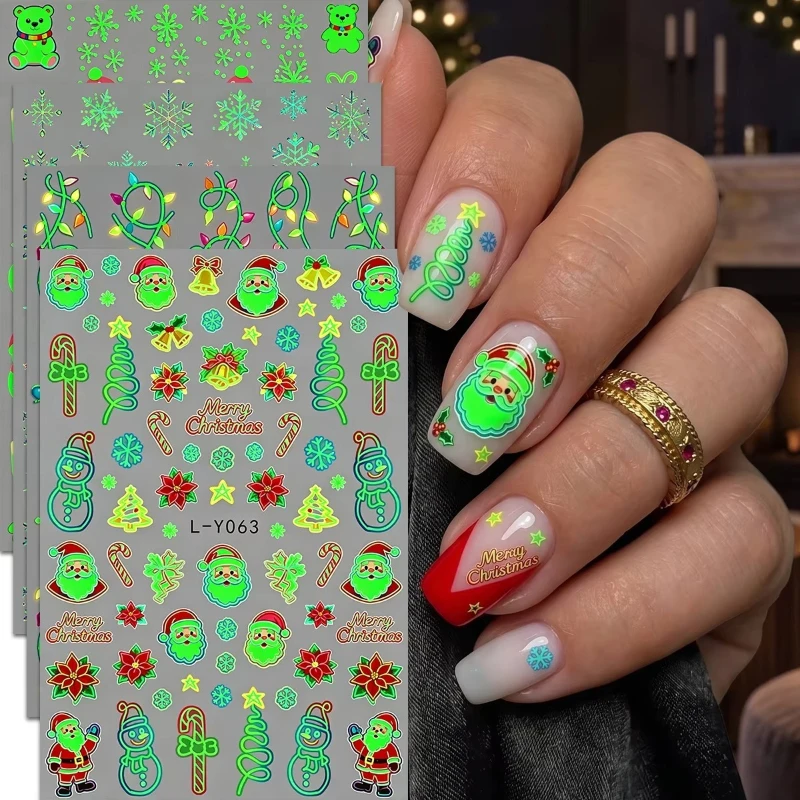 4-pack Night Light Nail Decoration Stickers Halloween Theme Colorful Ghost Skull Pumpkin Pattern Fun Horror Style
