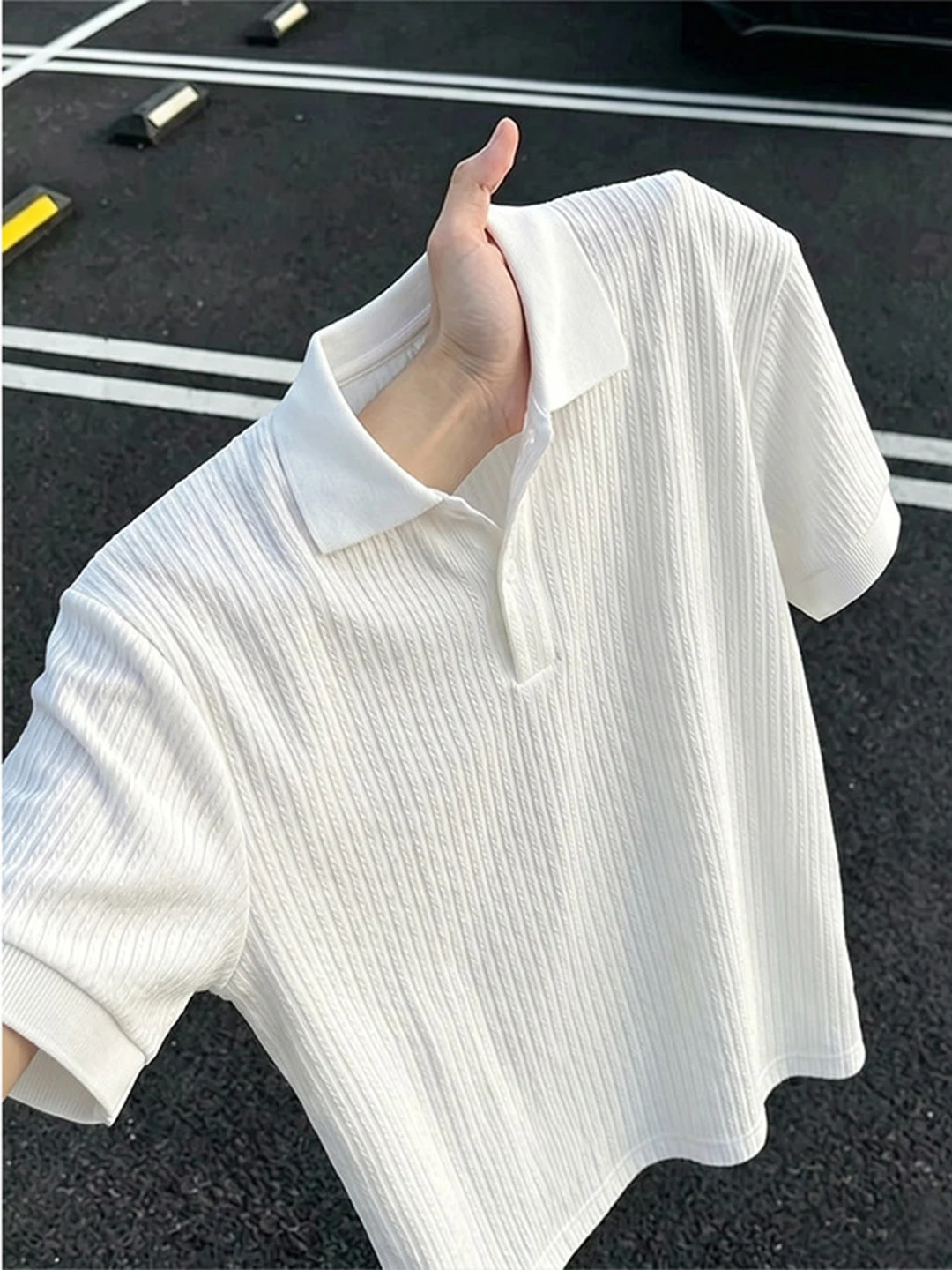 White Texture Short Sleeve  Shirt Men's Summer High-End Flip Collar T-Shirt Old Money Style Fashion Men's Clothing Trend