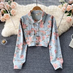 Women Floral Printed Denim Bomber Jacket Spring Autumn Single Breasted Flowers Jeans Coat Streetwear Long Sleeve Tops Jaqueta