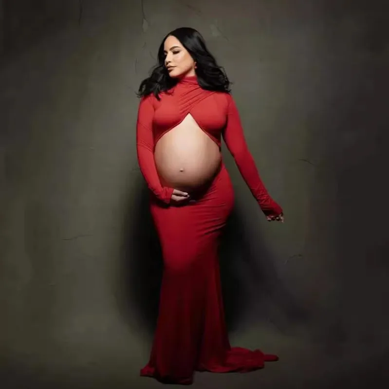 High Neck Slim Elastic Pregnant Women Trailing Hollowed Backless Pregnant Women Photo Photography Long Dress