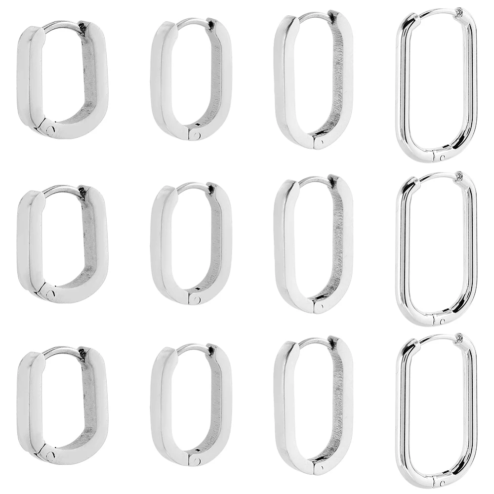 1 Box 8 Pairs 4 Styles Silver Earrings Huggie Hoops Stainless Steel Huggie Earrings Bulk Metal Oval Rectangle Ear Rings Hoop
