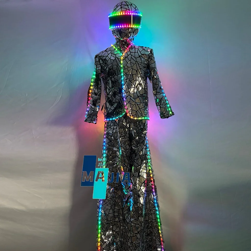 Silvery LED Stilts Walker Robot Costume Shiny Mirror Sequin Fabric Suits for Stage Performance Show Entertainment Cosplay