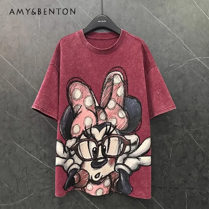 

2025 Spring Popular Kawaii Tees Cartoon Thickened T-shirt Women's Loose Medium And Long Casual Half-sleeved Top Pullovers Female