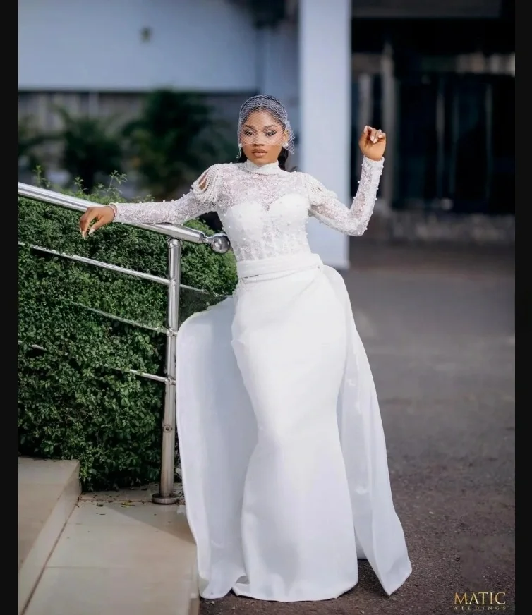 Customized High Collar Sparkly Pearls Wedding Dress with Removable Skirt Vestidos De Novia Lace  Long Sleeves  Bridal Dress