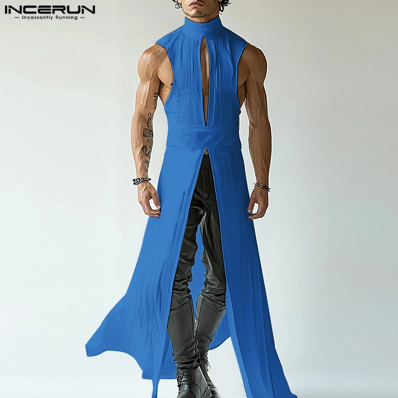 

2025 Men Long Style Tank Tops Solid Color Turtleneck Sleeveless Streetwear Male Vests Hollow Out Fashion Unisex Tops INCERUN