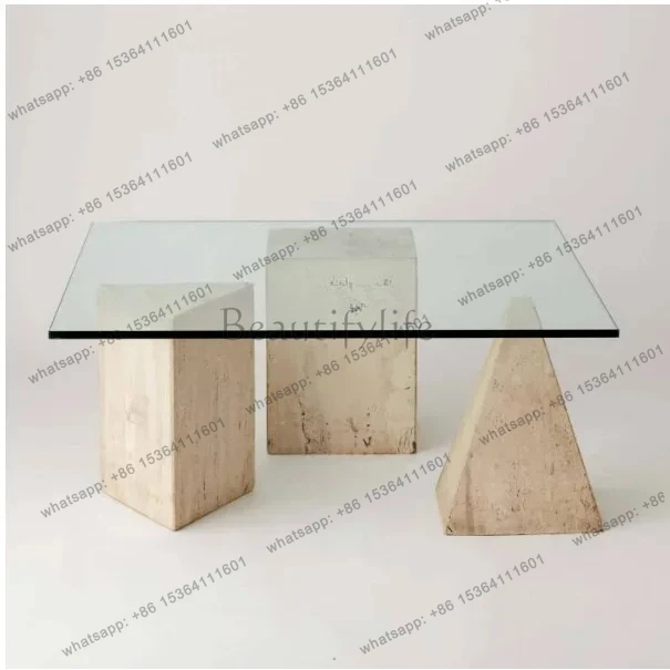 

Nordic personality natural marble travertine coffee table light luxury living room clear glass square coffee table