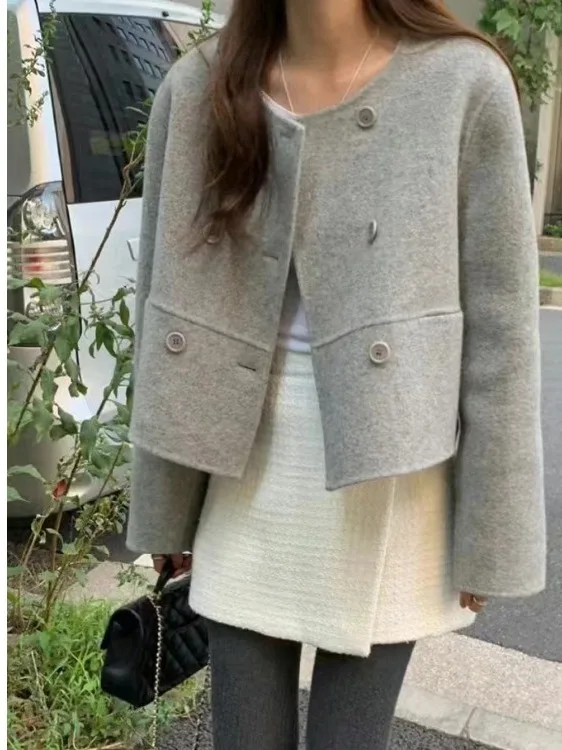 

Ele ort Woolen Coat for Women Chic round Ne Double Button Korean Sle Youth Faion Spring Season Long Sve Open Wear