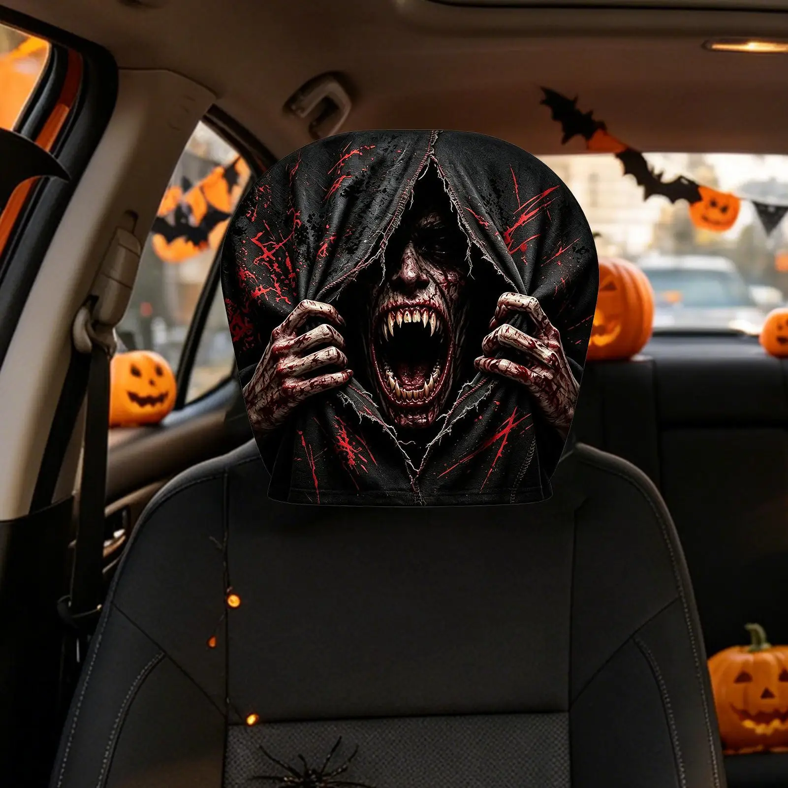 Spooky Headrest Covers Spooky Washable Auto Seat Accessories Horror Car Headrest Cover For Vehicles Trailer Motorhome Traveling