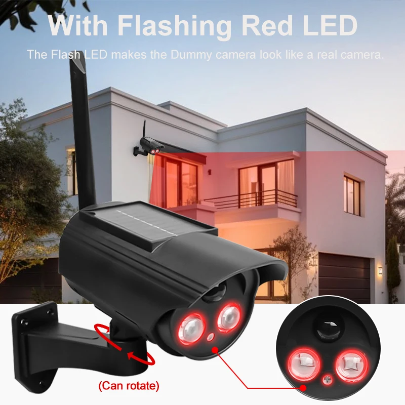 كاميرا وهمية تعمل بالطاقة الشمسية في الهواء الطلق ، مراقبة ctv أمنية مقاومة للماء ، محاكاة كاميرا وهمية ، ضوء LED وامض أحمر ، لا أسلاك مطلوبة