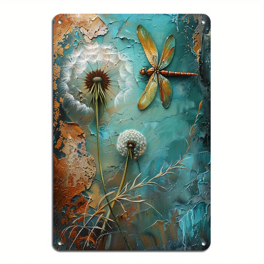 Dandelion Dragonfly Vintage โลหะแผ่นเหล็กเหล็ก Wall Art ตกแต่งเหมาะสําหรับตกแต่งกลางแจ้งในร่มขนาด 8x12 นิ้ว