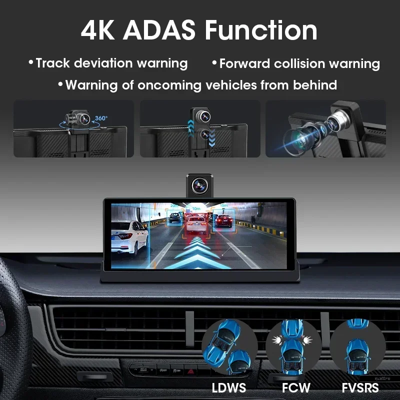 10.26'' ADAS Dashcam 4K Carplay Android Auto Car DVR Video Recorder Rearview Camera Monitor Black Box Smart Automobile Systems