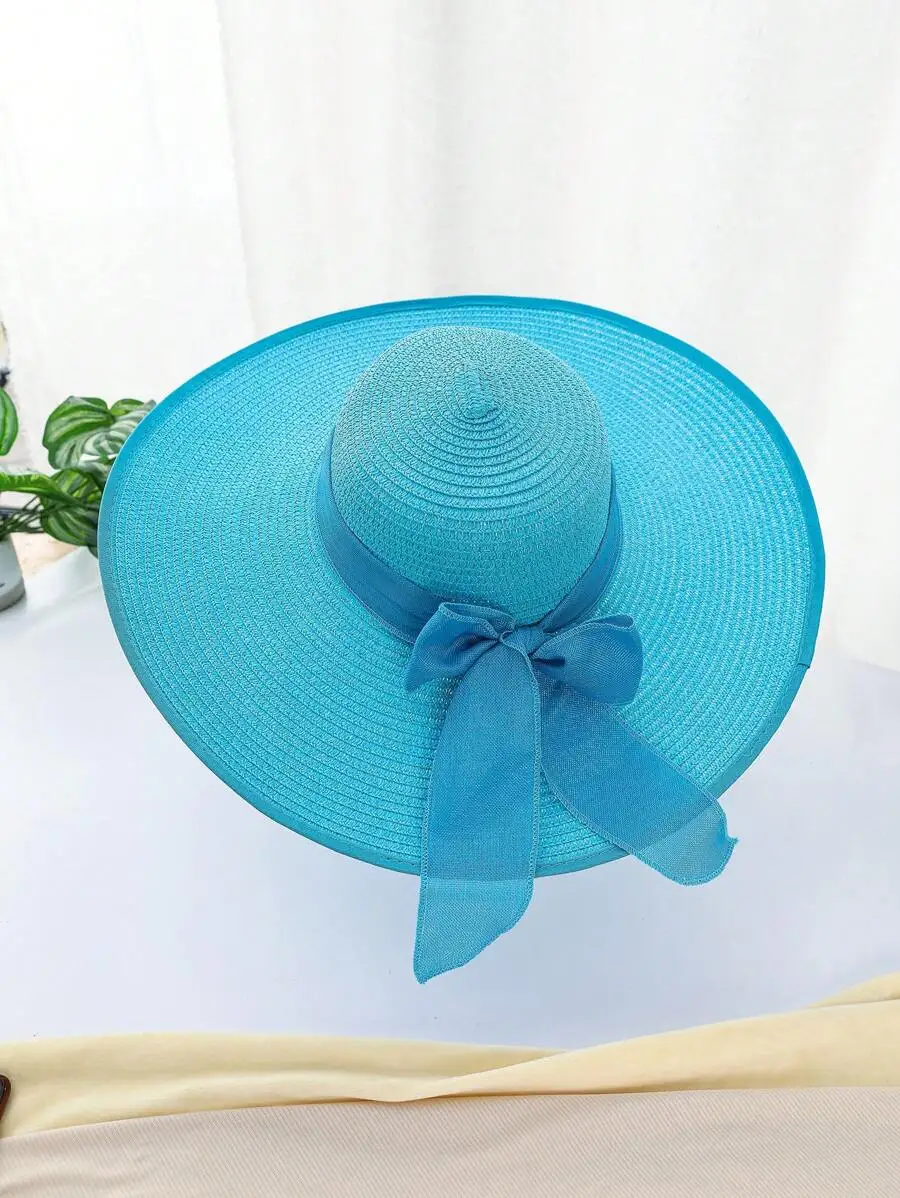 

Casual Elegant Bowknot Straw Sun Hat With Wide Brim UV Protection Windproof For Women