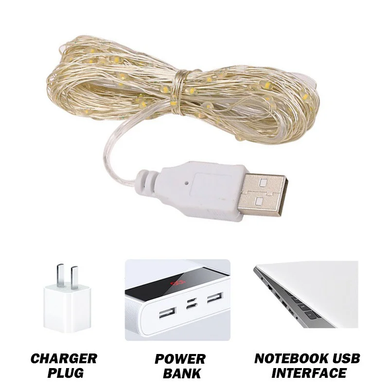 Mini Cadena de alambre de cobre LED USB, luces de hadas impermeables para Navidad, boda, decodificación