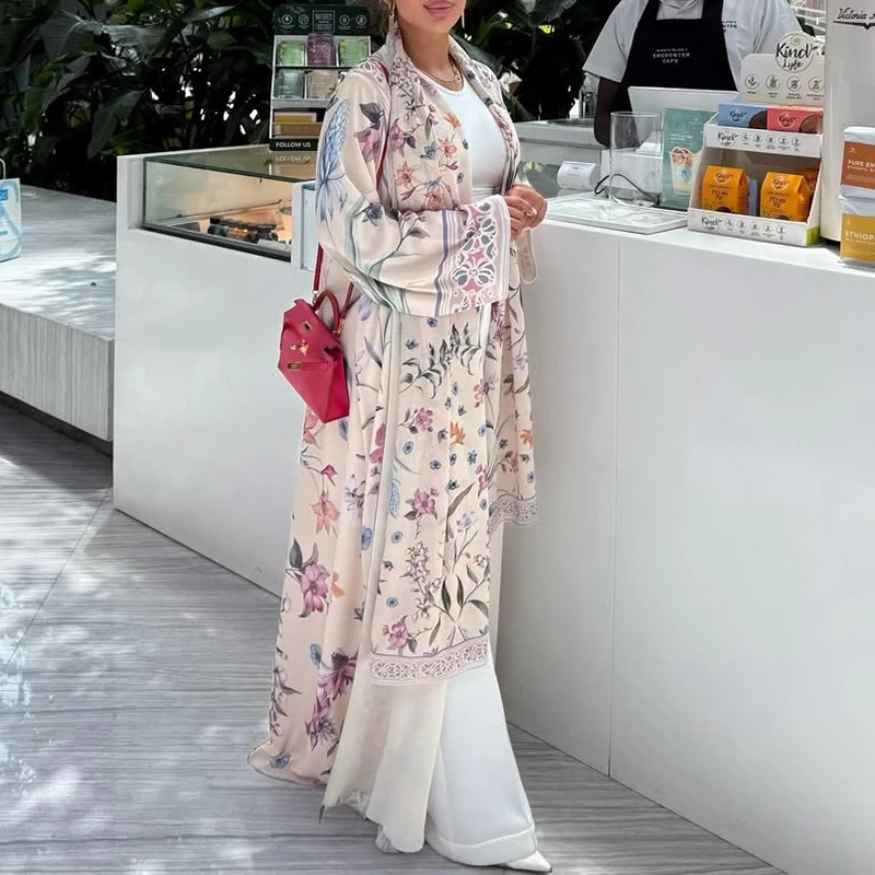 

Elegant Long Sleeve Floral Printed Cardigans Autumn Muslim New Women's Loose Robes Elegant V-neck Chiffon Cardigans With Shawl