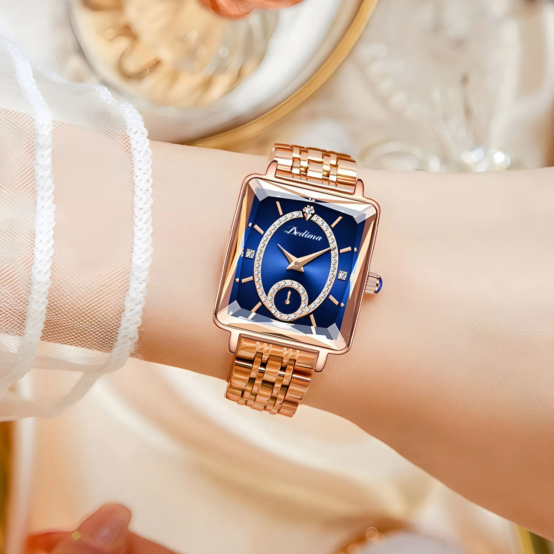 Reloj de cuarzo con tira de acero resistente al agua y esfera azul de lujo para mujer, reloj de negocios a la moda con diamantes de imitación, reloj femenino