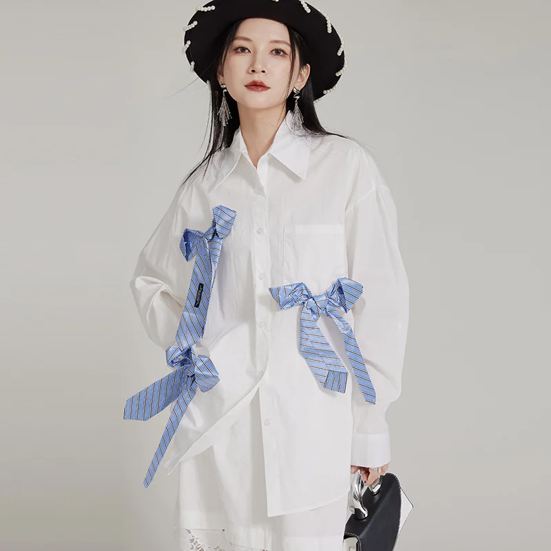 Women Autumn Stripes Cotton Shirts Tie Bow New Loose Long-sleeved Blouse Niche Design High-end Tops Street Hipsters Lapel Female