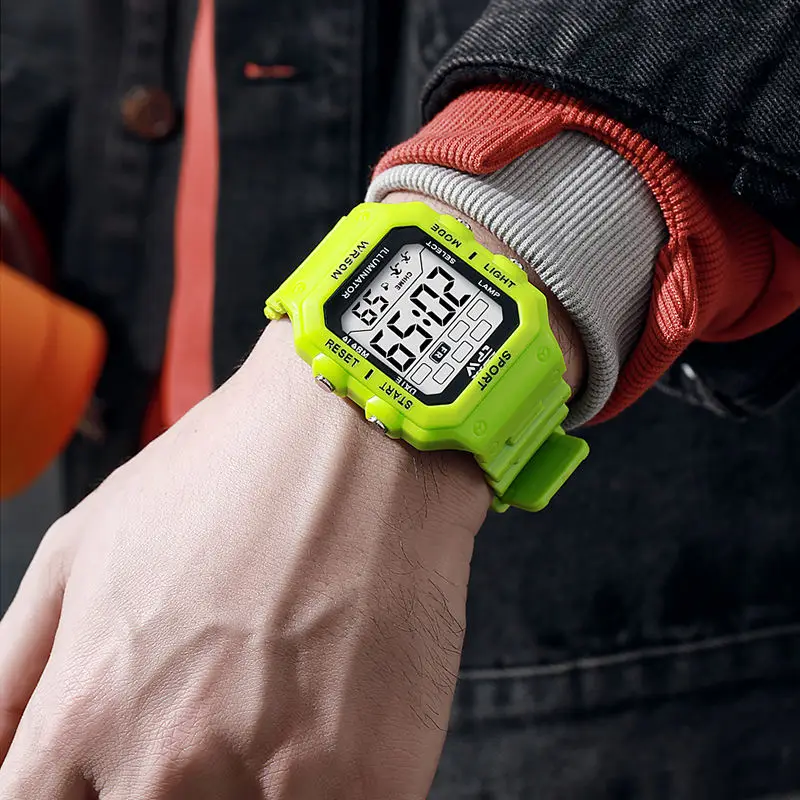 Outdoor Sports Trend Square Watch Large Electronic Screen Display Digital Wristwatch 50M Waterproof Shock-Resistant LED Clock
