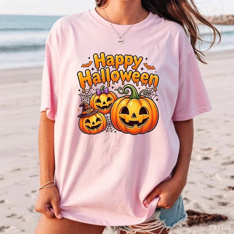 Halloween Women T-Shirt Cute Happy Halloween Letter and Creative Pumpkin Pattern Printed Easy Comfortable T-Shirt Gifts Women