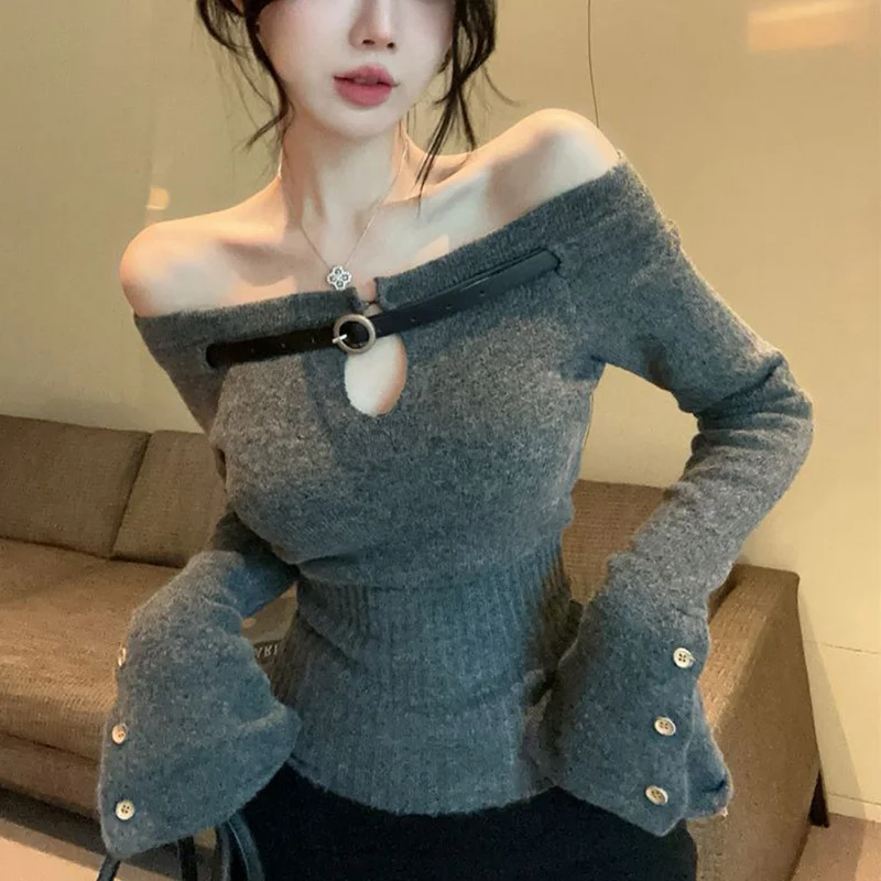 

Nice Trend Sexy Slash Neck Sweater Knitting Women Autumn Winter Interior Lapping Slim Off Shoulder Top Tee Female Fashion Pullov