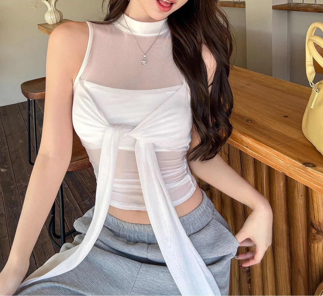 Gentle Design Butterfly Knot Mesh Vest Women's Hollow Slightly Transparent Top