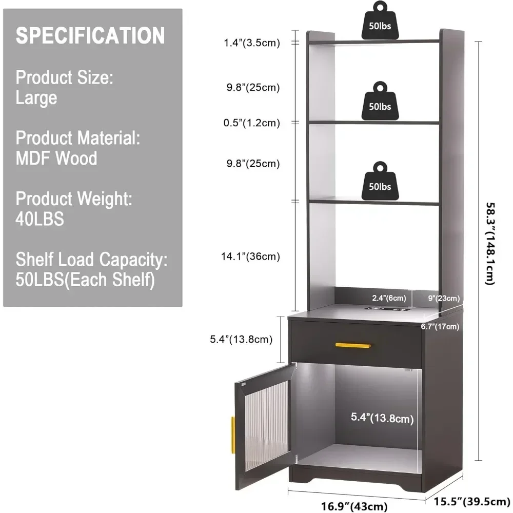 Tall Nightstand with Charging Station, Bedroom Night Stand with Bookshelf, Modern Bedside Table with 3 Color LED Lights, Body