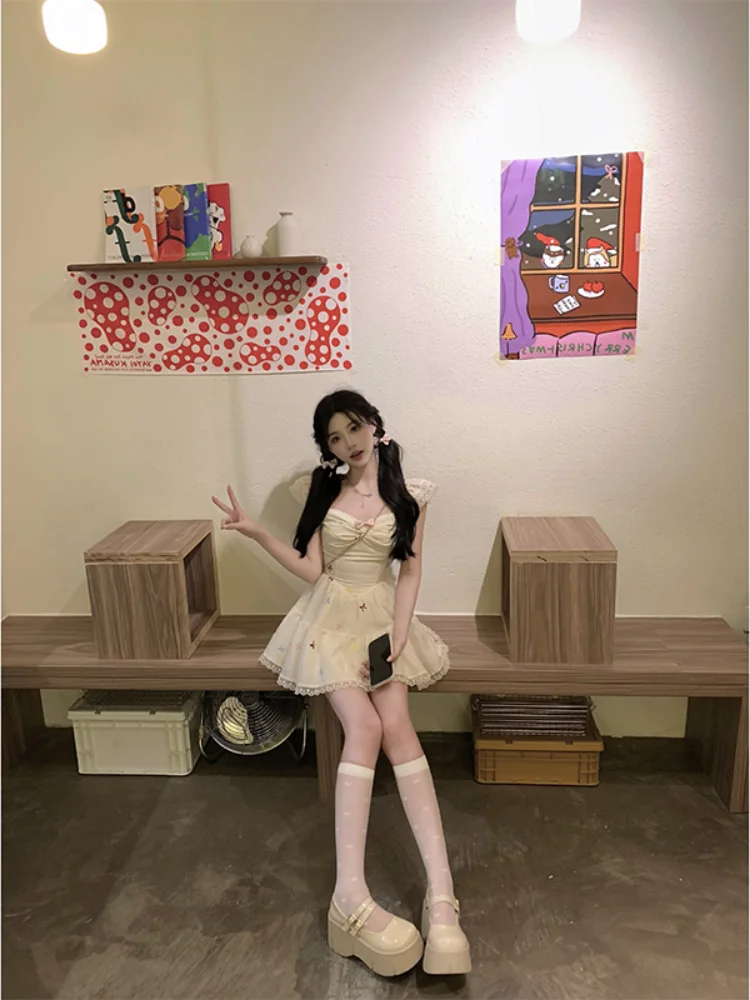 Japanese Y2k Kawaii Mini Dress Women Casual Lace Patchwork Bow Print Sleeveless Strap Dress Summer Evening Party Fashion Chic
