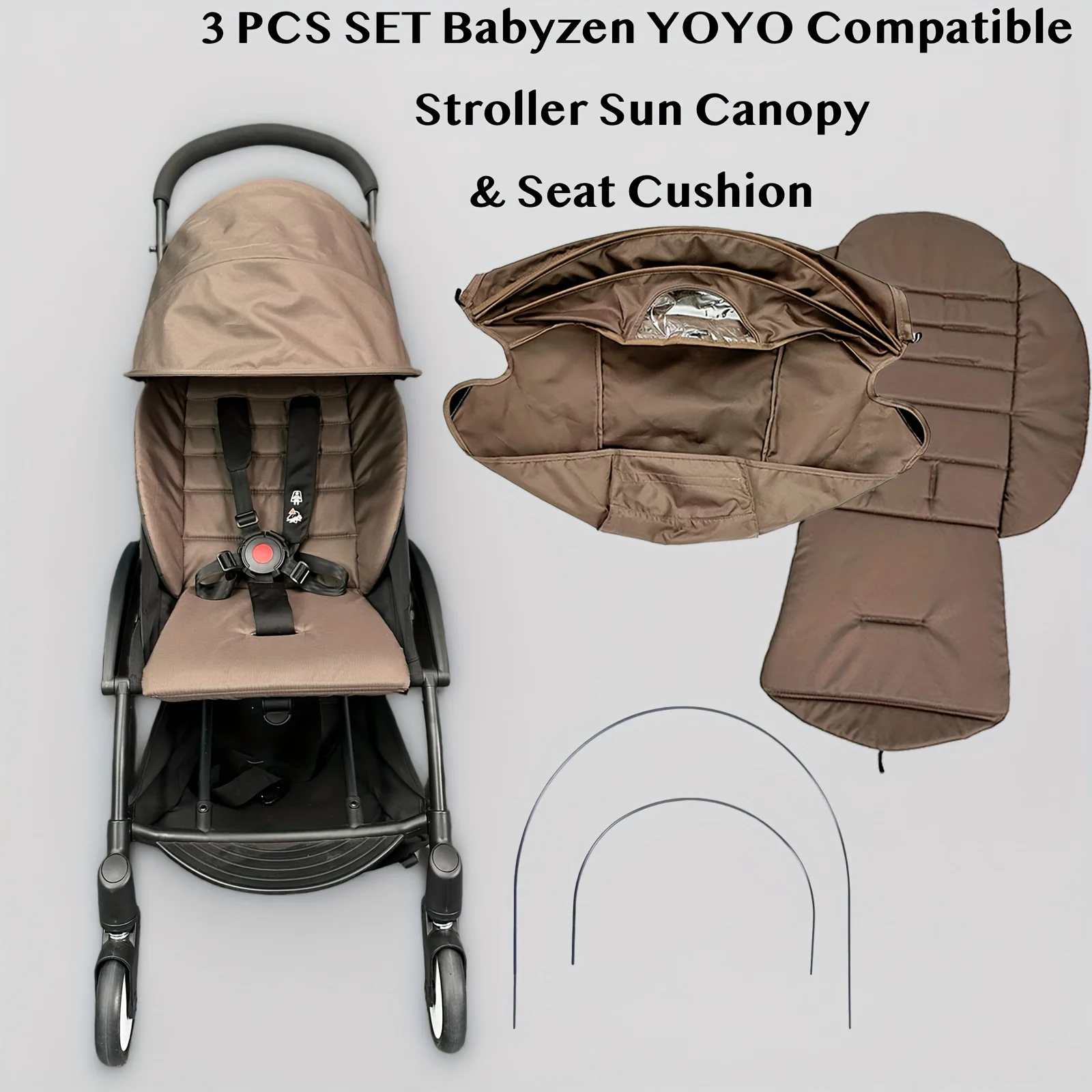 3 PCS/ SET- Baby Stroller Seat Cushion and Canopy with Iron Stent Set Compatible with Babyzen YOYO 2 and YOYO+, Pushchair Access