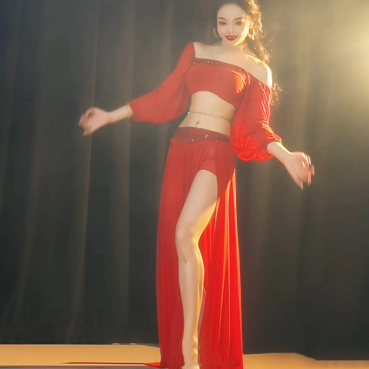 مجموعة أداء الرقص الشرقي بلوزة بأكمام طويلة مطرزة + تنورة طويلة مثيرة 2 قطعة ملابس ممارسة الرقص الشرقي للسيدات البالغات